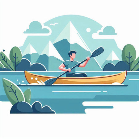 Man in a canoe on the river. Flat style vector illustration.のイラスト素材