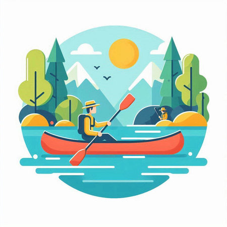 Kayaking on the lake. Vector illustration in a flat style.のイラスト素材