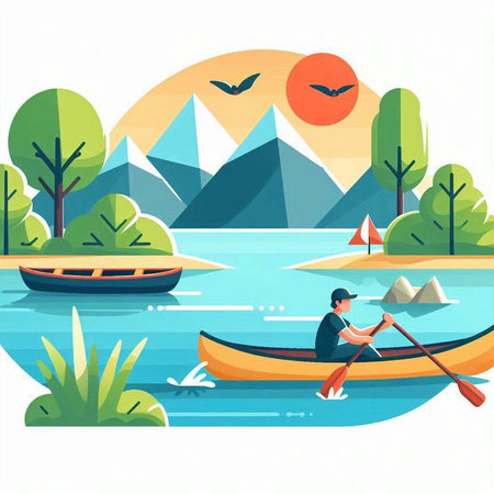 Man in a canoe on the river. Vector illustration in flat styleのイラスト素材