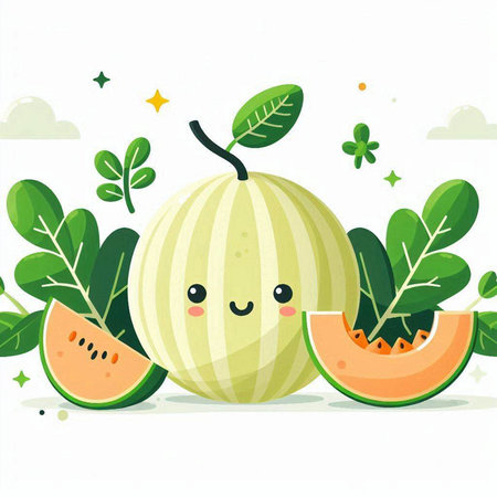 Cute cartoon watermelon character with green leaves. Vector illustration.のイラスト素材