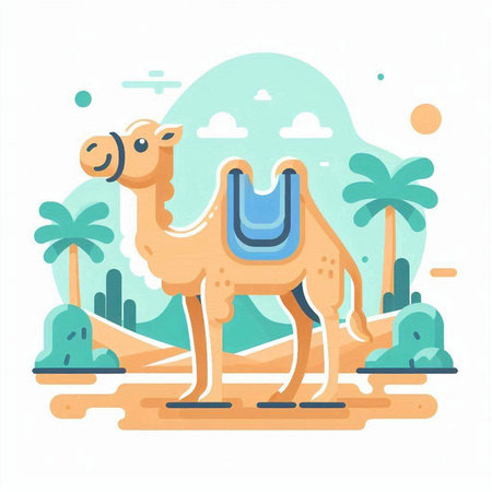 Camel in desert flat vector illustration. Cute camel stands on sand among palms and mountains. Desert tourism concept.のイラスト素材