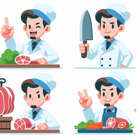 Chef cartoon character vector illustration set. Male and female chef in uniform cooking meat.のイラスト素材