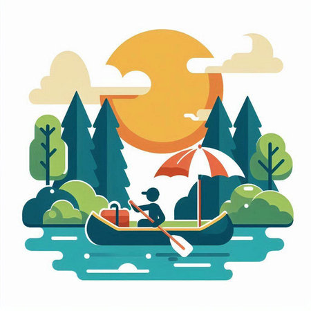 Vector illustration of a man rowing a boat in the forest.のイラスト素材
