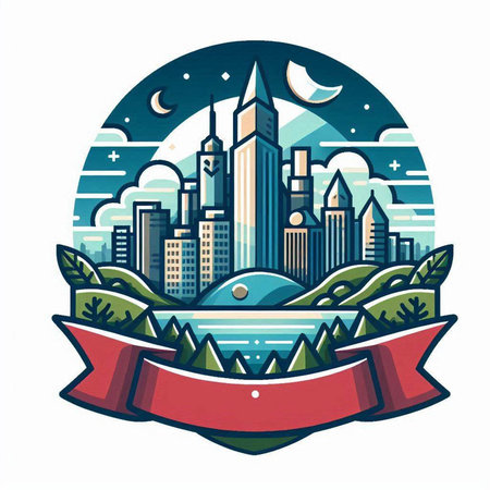 Vector illustration of a modern city skyline with a ribbon in the center.のイラスト素材