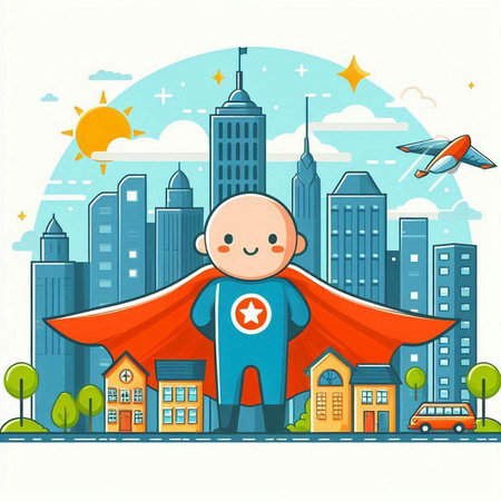 Cartoon superhero on the background of the city. Vector illustration.のイラスト素材