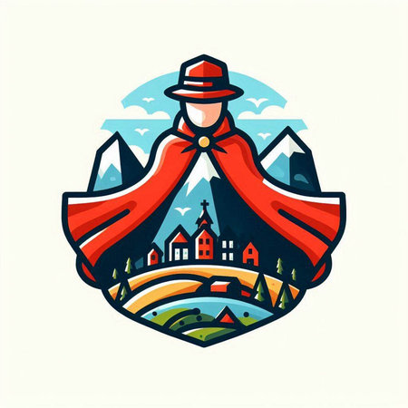 Vector illustration of a man in a red cape and hat in the mountains.のイラスト素材