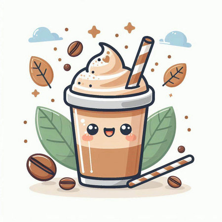 Coffee cup with whipped cream and coffee beans. Vector illustrationのイラスト素材