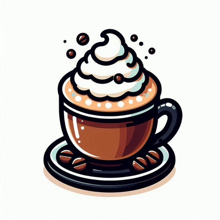 Coffee cup with whipped cream and coffee beans. Vector illustration.のイラスト素材