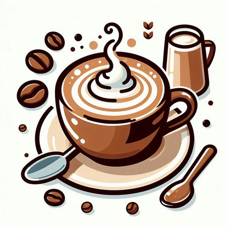 Coffee cup with milk and coffee beans. Vector illustration.のイラスト素材