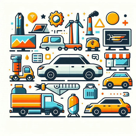Vector set of flat thin line icons and pictograms of electric cars, solar panels, windmills, solar panels, wind turbines, solar cars, electric cars, solar cars, solar cars, windmills.のイラスト素材