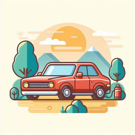 Vector illustration of a red car on the road in the forest.のイラスト素材