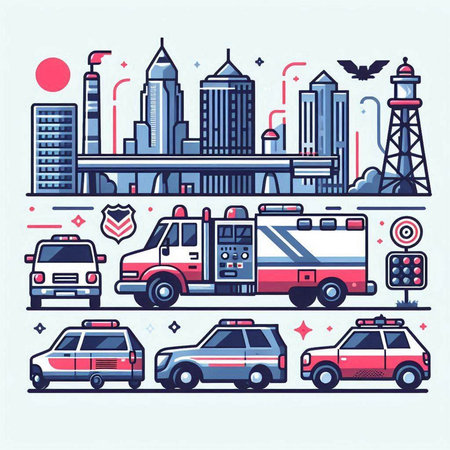 Cityscape with cars, police and ambulance. Flat vector illustration.のイラスト素材