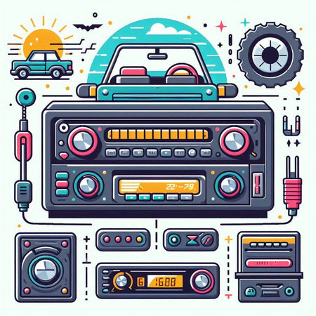 Retro radio set. Vector illustration. Can be used for banner, poster, web design.のイラスト素材