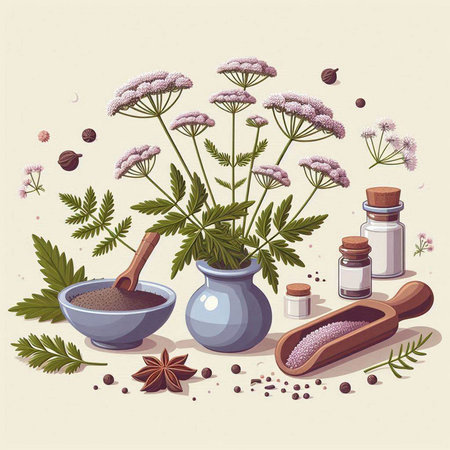 Herbs and spices. Herbs in ceramic vases. Vector illustration.のイラスト素材