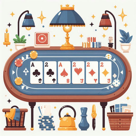 Casino table. Flat vector illustration of casino table with cards, chips, table lamp, lamp and other items.のイラスト素材