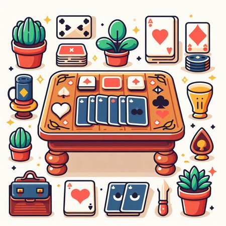 Flat design vector illustration icon set of playing cards, casino chips, playing cards, cactus, roulette, poker chips, diceのイラスト素材