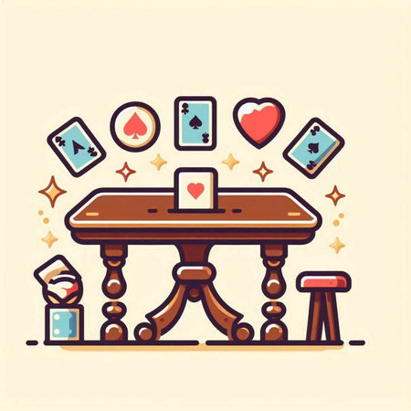 Vector illustration of a table and chairs with playing cards, dice, poker chips and heartsのイラスト素材