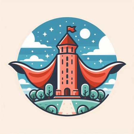 Vector illustration of a castle in a flat style with a red cloak in the sky.のイラスト素材