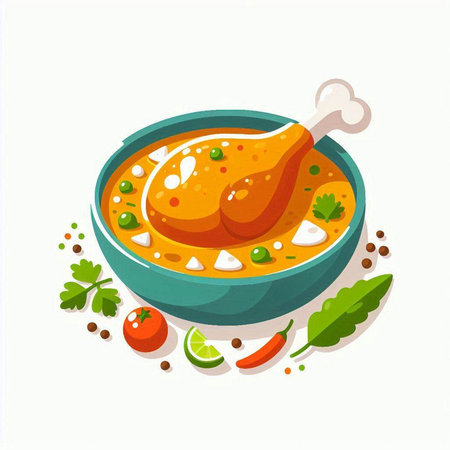 Vector illustration of chicken soup in a bowl with herbs and spices.のイラスト素材