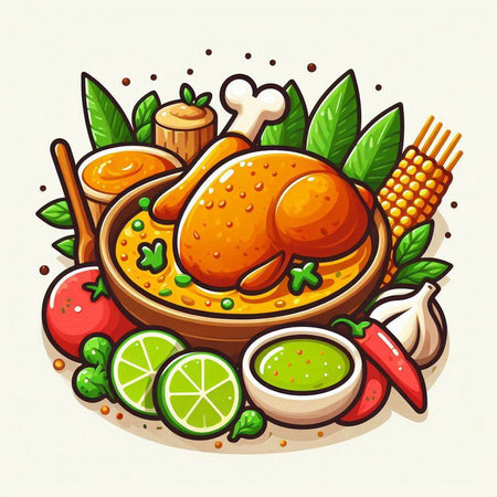 Vector illustration of a bowl with roasted chicken and ingredients for cooking.のイラスト素材