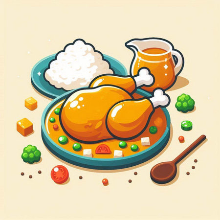 Illustration of chicken with rice and sauce on a plate, vector illustrationのイラスト素材