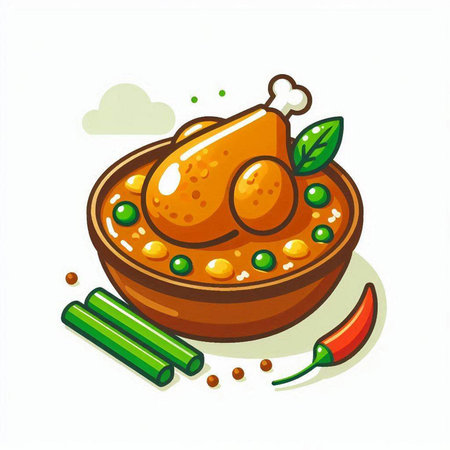 Curry chicken with vegetables and spices in bowl. Vector illustration.のイラスト素材