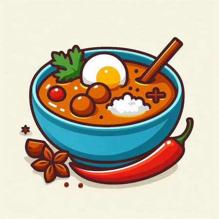 Bowl of spicy soup with egg and chili pepper. Vector illustration.のイラスト素材