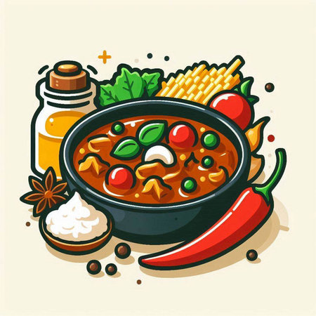 Illustration of a bowl of spicy curry with vegetables and spices.のイラスト素材