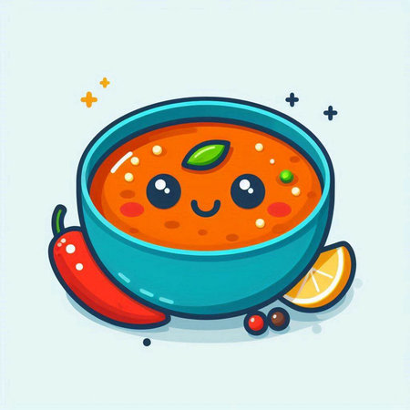 Vector illustration of a cute cartoon tomato soup in a bowl on a blue background.のイラスト素材
