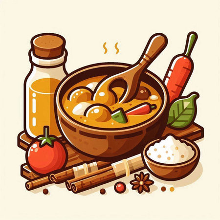 Curry soup in wooden bowl and ingredients for cooking. Vector illustration.のイラスト素材