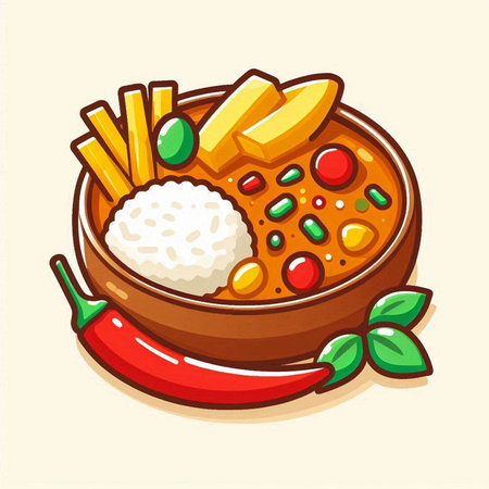 Illustration of a bowl of spicy curry with rice and french friesのイラスト素材
