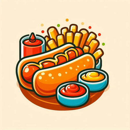 Fast food icon. Hot dog, french fries, ketchup, mustardnnaise. Vector illustration.のイラスト素材