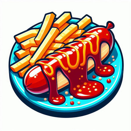 Illustration of a hot dog with french fries on a plate.のイラスト素材