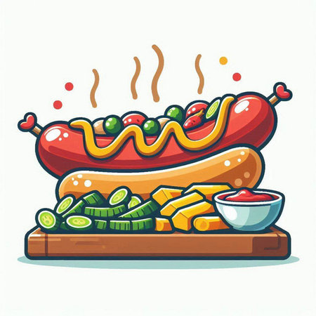 Hot dog with ketchup and cucumber on wooden board. Vector illustrationのイラスト素材