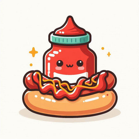 Cute kawaii hot dog with ketchup. Vector illustration.のイラスト素材