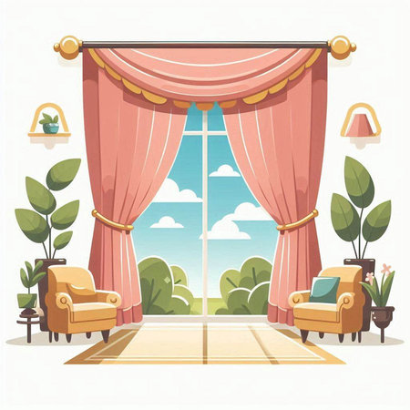 Curtains and armchairs in the living room. Vector illustrationのイラスト素材