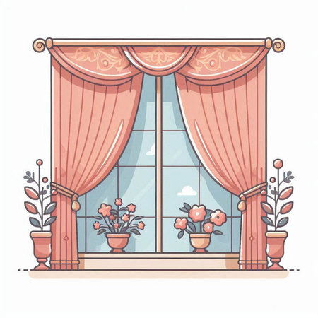 Vector illustration of a window with curtains and flowers in vases.のイラスト素材