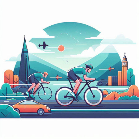 Bicyclists riding on the road in the city. Vector illustrationのイラスト素材