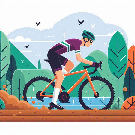 Cyclist in sportswear and helmet riding bicycle in the forest. Flat vector illustration.のイラスト素材