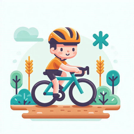 Boy riding bicycle in the park. Vector illustration in flat style.のイラスト素材