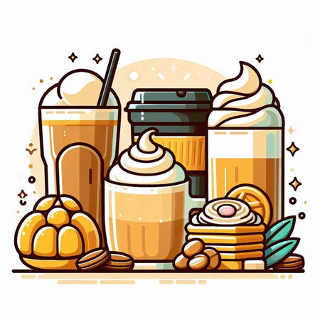 Coffee and desserts. Vector illustration in cartoon flat style.のイラスト素材