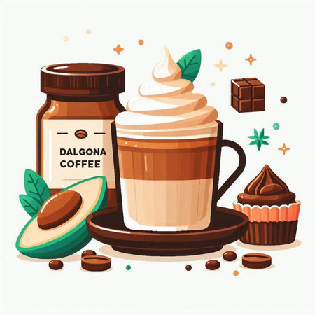 Cup of coffee with whipped cream and ingredients. Vector illustration.のイラスト素材