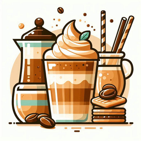 Coffee cup with whipped cream, chocolate and cookies. Vector illustration.のイラスト素材