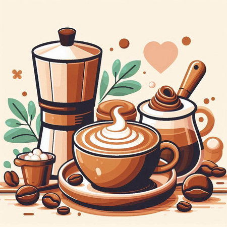 Coffee background with coffee beans and pot. Vector illustration.のイラスト素材