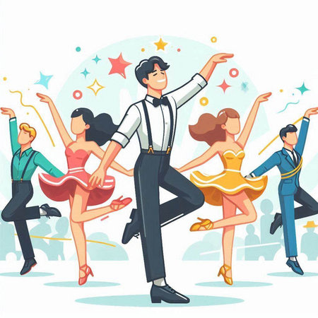 Dancing people, men and women, vector illustration in cartoon styleのイラスト素材