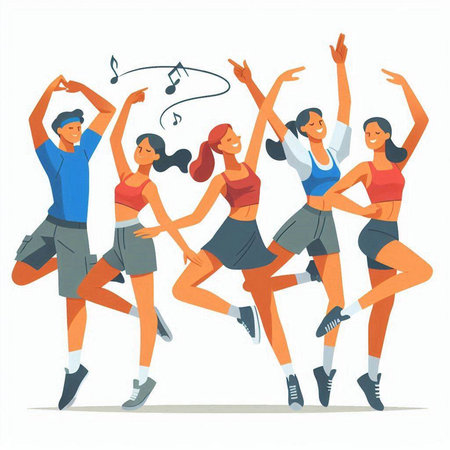 Group of happy young people jumping and dancing. Vector illustration in cartoon styleのイラスト素材