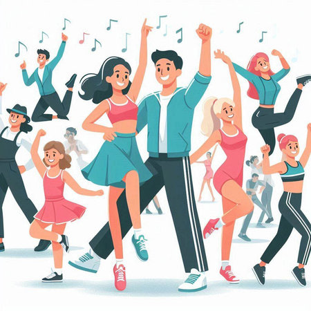 Dancing people. Group of happy young people dancing and having fun. Vector illustration.のイラスト素材
