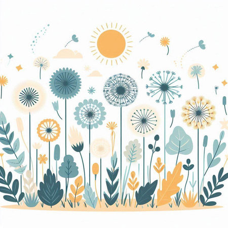 Vector floral background with dandelions and sun. Hand drawn illustration.のイラスト素材