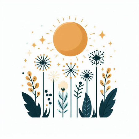 Hand drawn vector abstract summer illustration with sun, flowers, leaves and stars isolated on white backgroundのイラスト素材