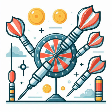 Darts game flat vector illustration. Dartboard, darts, arrows, target, arrow, target, bow.のイラスト素材